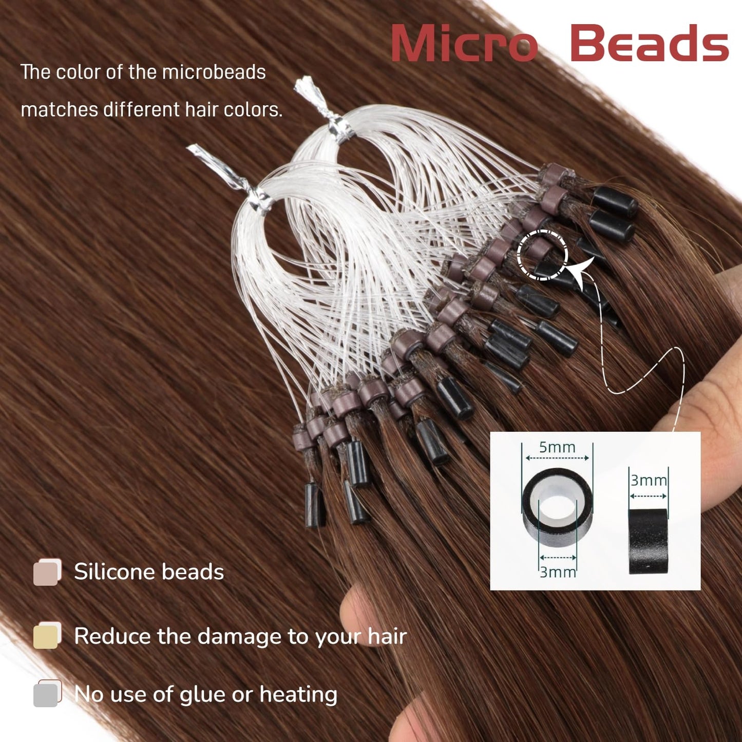 Microlink Hair Extensions Human Hair Brown Bead Hair Micro Beads Hair Extensions 16" Remy Hair Extension 50g #4 Micro Loop Hair Extension for Women