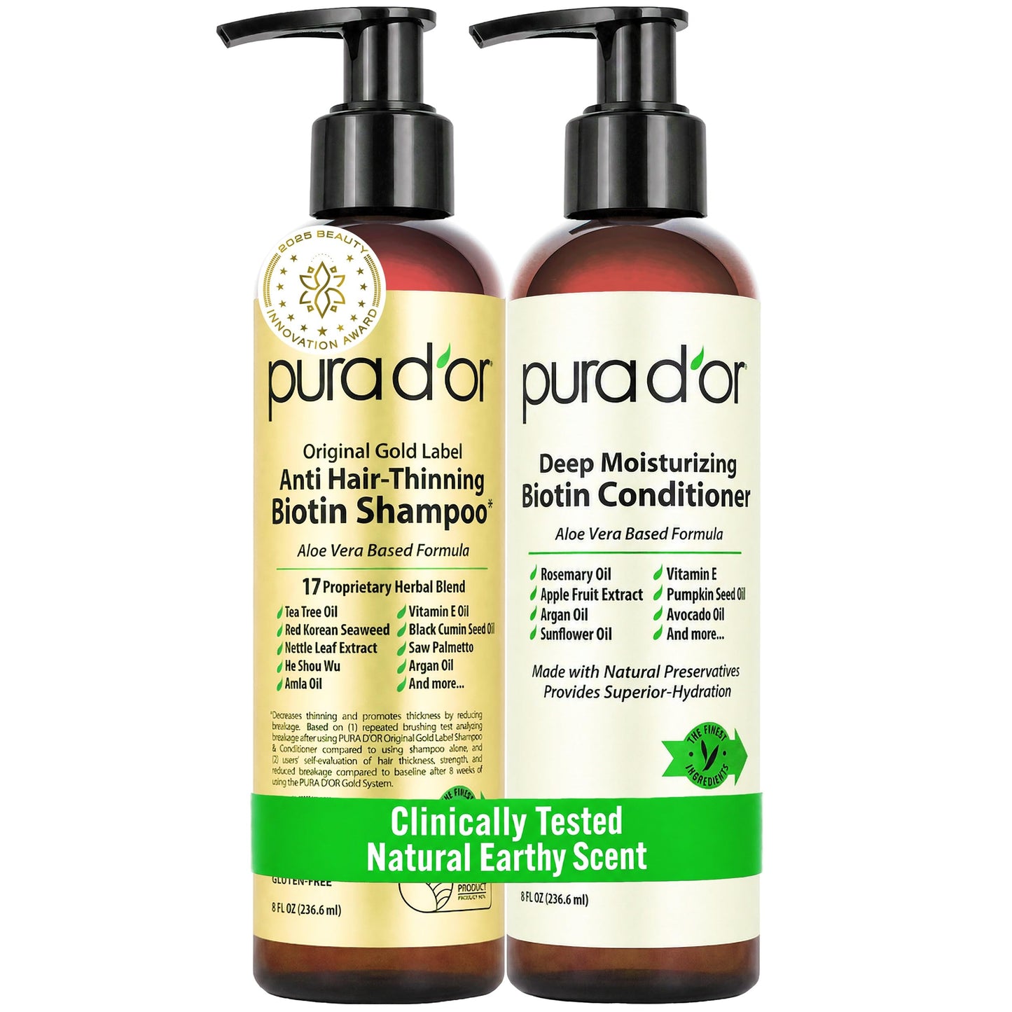 PURA D'OR Anti-Thinning Biotin Shampoo and Conditioner, CLINICALLY TESTED Effective Results, Herbal Blend Thickening Products For Women & Men, Original Gold Label Set, Natural Earthy Scent, 8oz x2