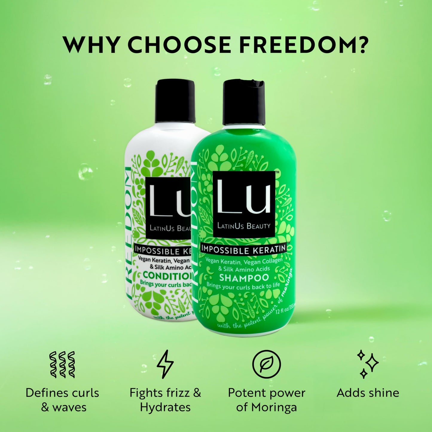 Lu by LatinUs Beauty Freedom Set | Curly Hair Set Shampoo, Conditioner with Impossible Keratin™, Moringa Oil, Cruelty Free, Sulfate Free, Paraben Free, Wavy Hair products | 12 Fl Oz Each | 2-Pack