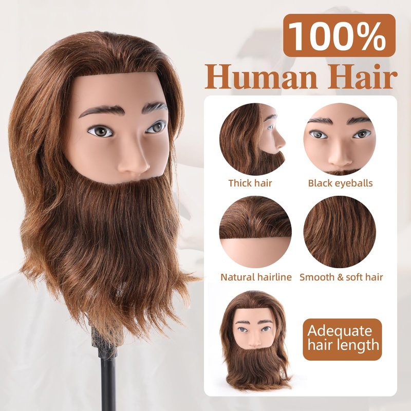 Male Mannequin Head with 100% Human Hair Barber Mannequin Head Hairdresser Training Doll Manikin Head for Men Hair Styling and Practice