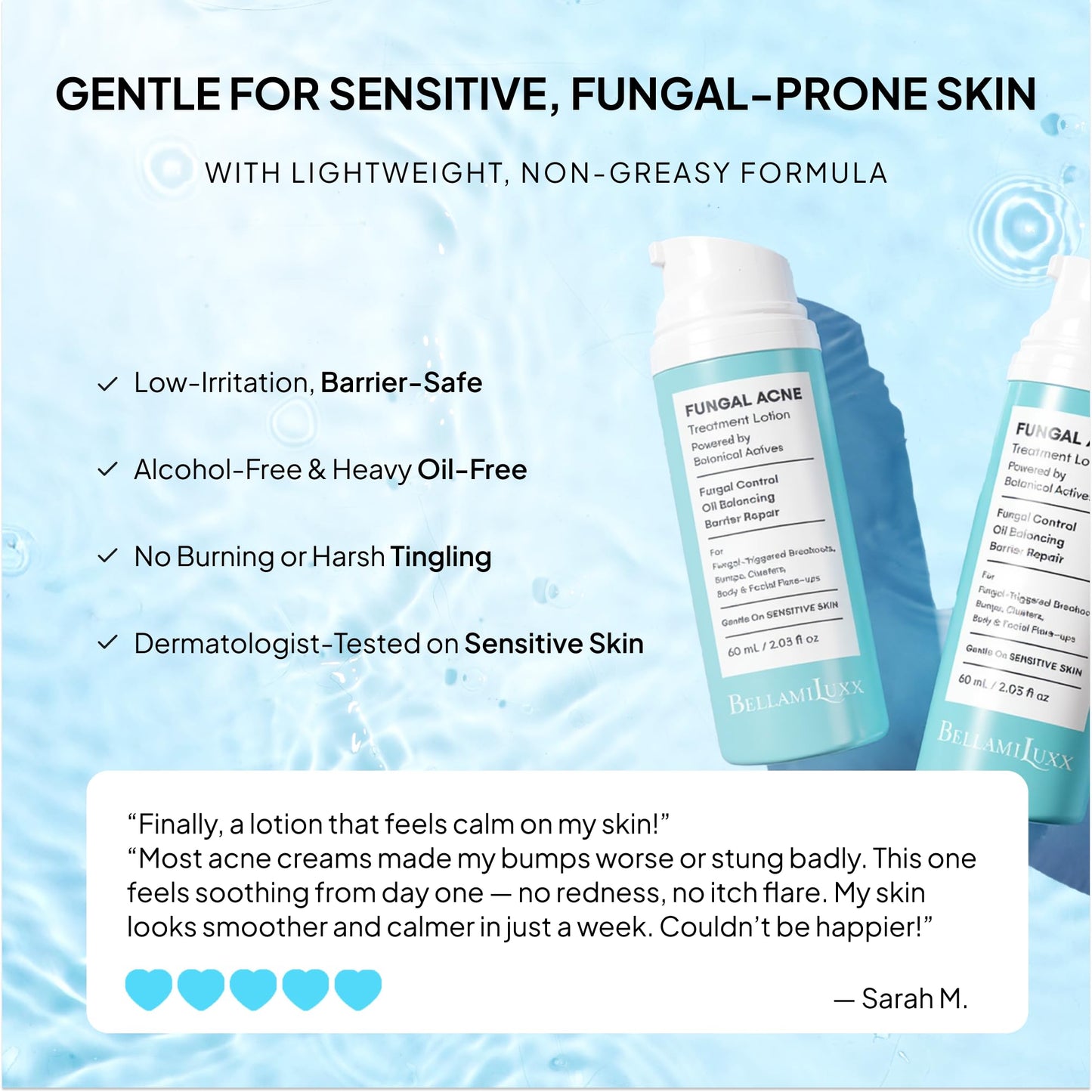 BellamiLuxx Fungal Acne Treatment Lotion: Effective Face & Body Pimple Cream for Bumps, Clusters, Itch & Redness – Fungal Prone Skin Acne Treatment Moisturizer for Teens & Adults with Natural Actives