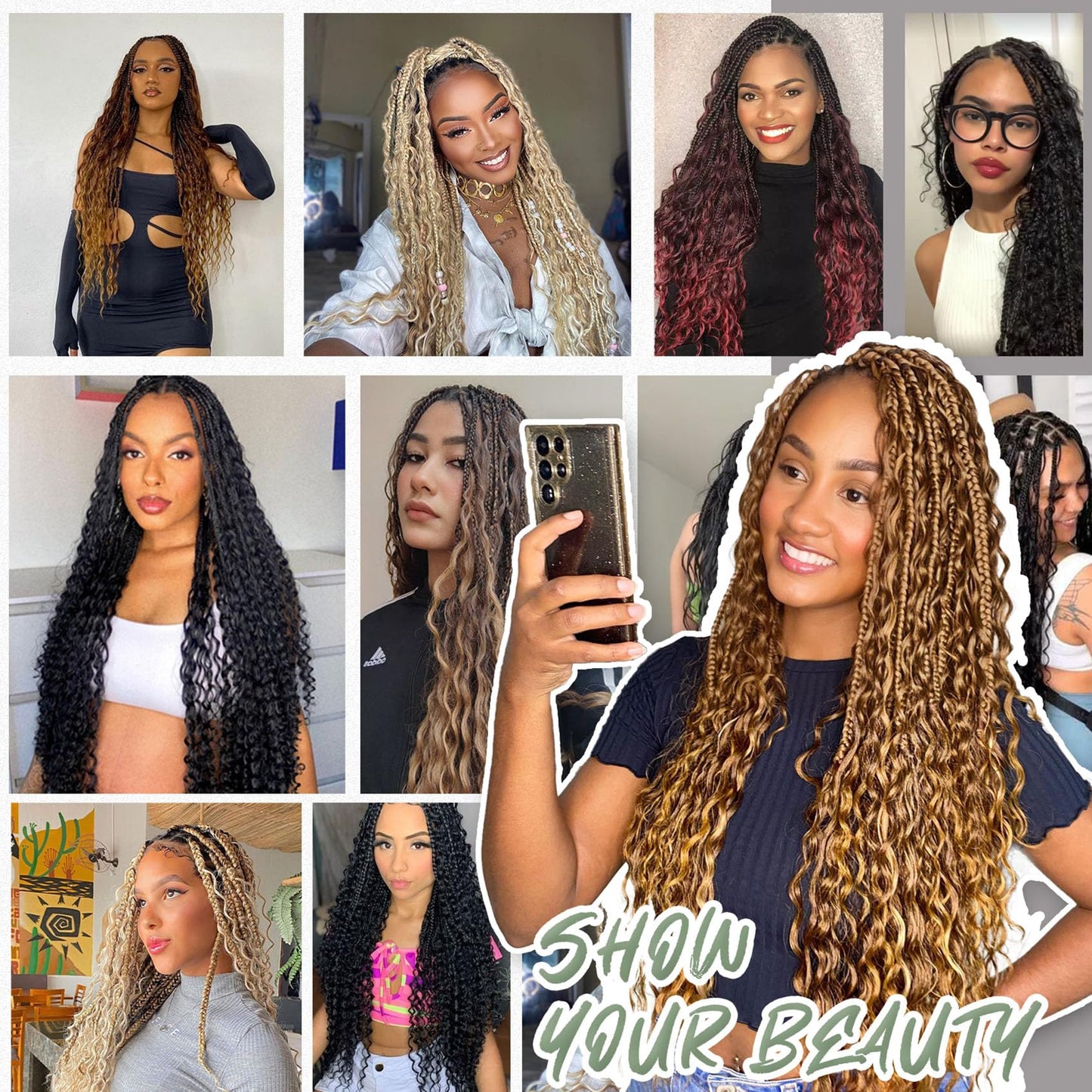 24 Inch Goddess Box Braids Crochet Hair 7 Packs Boho Braids Pre Looped Crochet Braids With Curly Ends Synthetic Bohemian Crochet Braiding Hair for Women, 1B/30/27