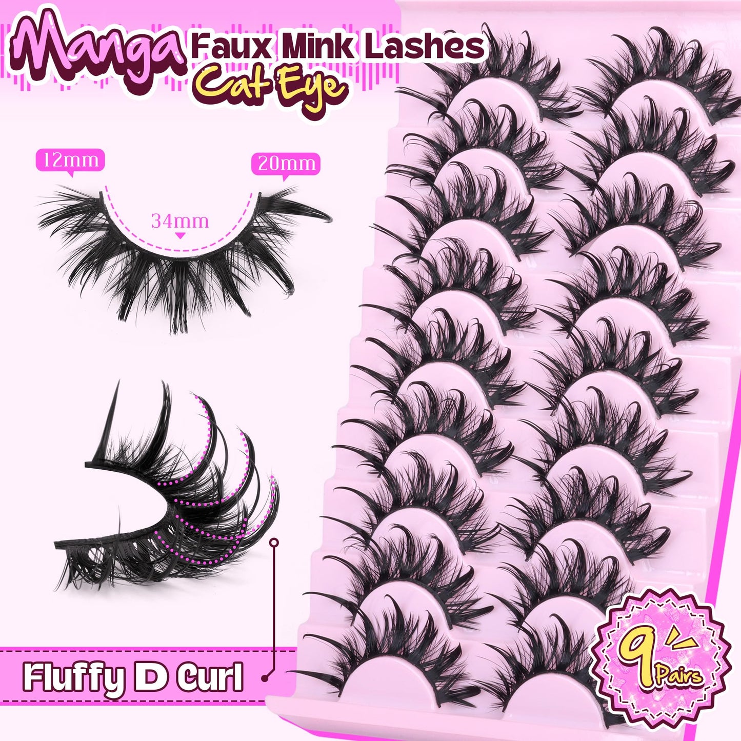 Manga Lashes Cat Eye Dramatic False Eyelashes Wet Look D-Curly Long Anime Lashes Strips Thai Style Manhua Lashes Strips Cosplay Eyelashes Wispy Spiky Lashes 12-20MM 9 Pairs by Zegaine