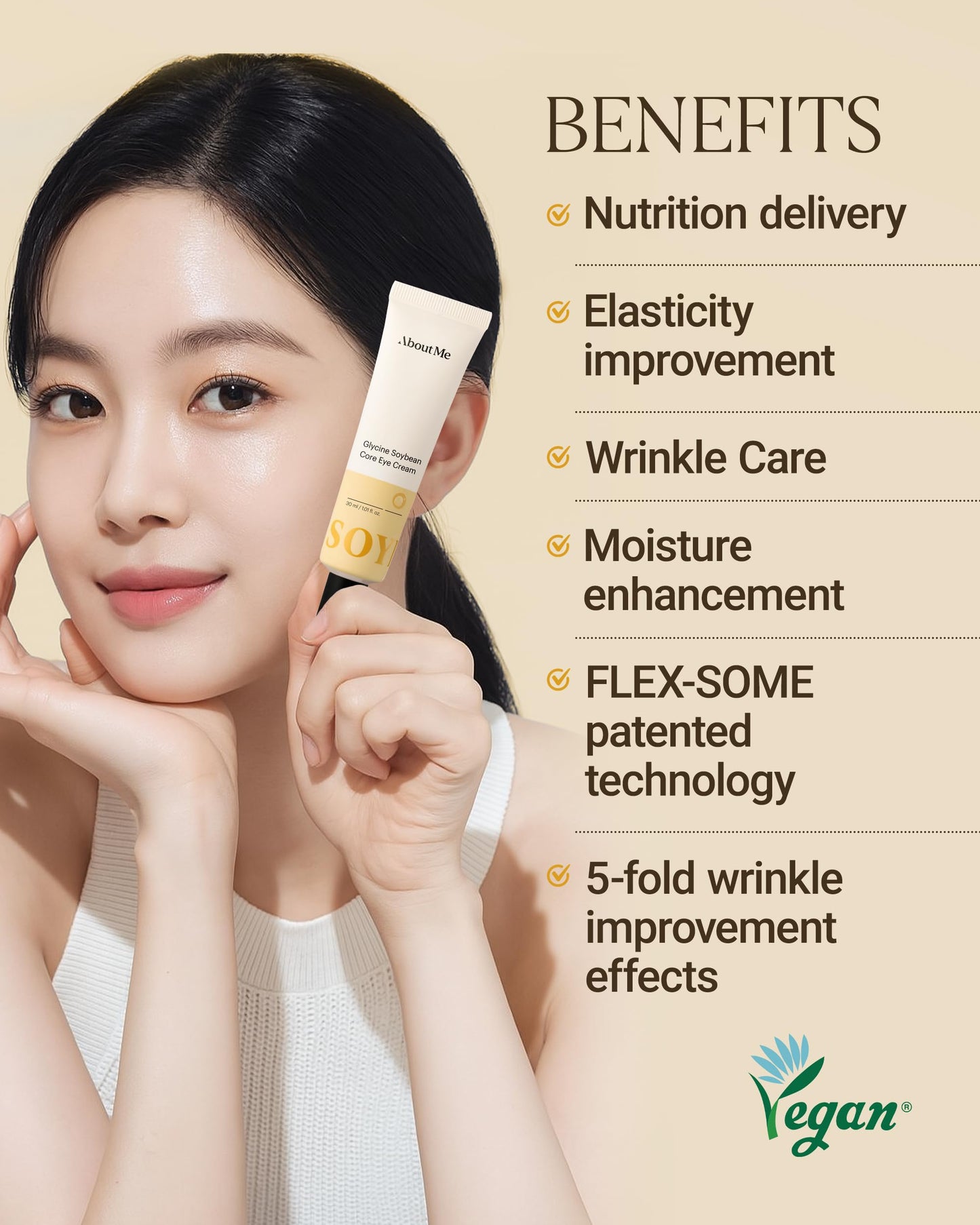 About Me Korean Multi-Zone Eye Cream – For Crow's Feet, Nasolabial Folds, Forehead + Neck, 13 Peptides + Hydrolyzed Soy Protein + Squalane + Avocado + Niacinamide, Vegan, 0.51 fl oz / 15ml