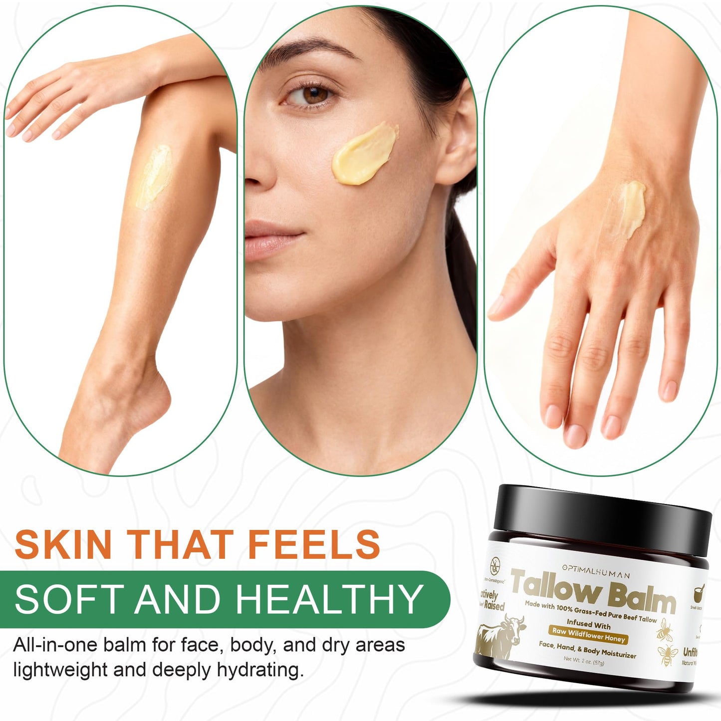 O H OPTIMAL HUMAN Grass-Fed Tallow Balm with Raw Honey, Face & Body - 2 Oz