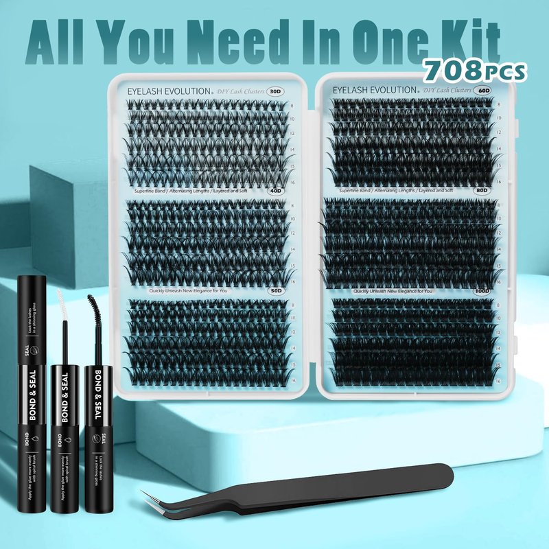Lashes Clusters Kit,708PCS Wispy Lash Clusters 30D-100D,8-16mm C Curl 0.07mm Soft Individual Cluster Lashes with Bond & Seal for Natural, Wispy or Volume Look