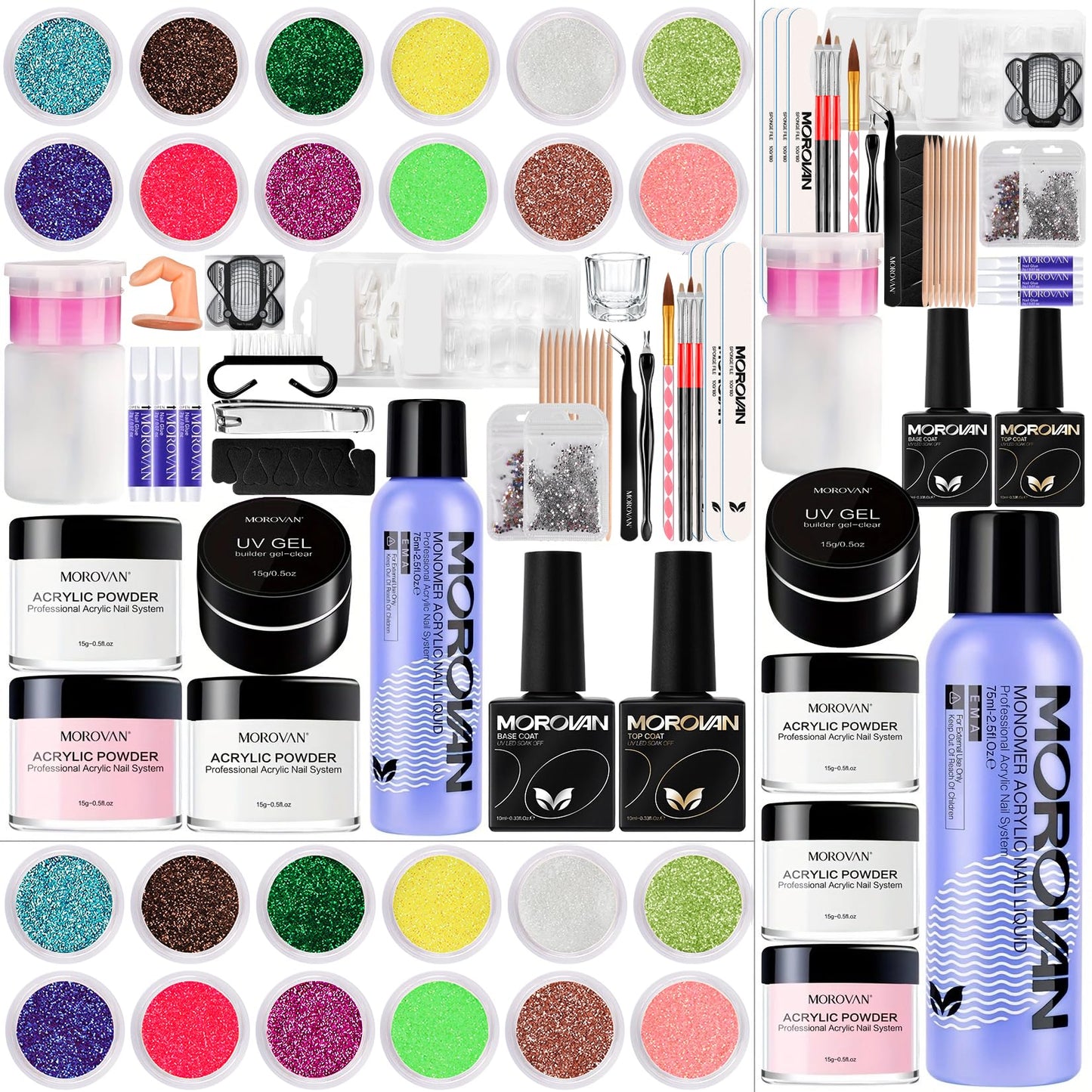 Morovan Monomer Acrylic Nail Liquid with Powder Kit Glitter Acrylic Powders Set for Nail Art Decoration Extension DIY at Home