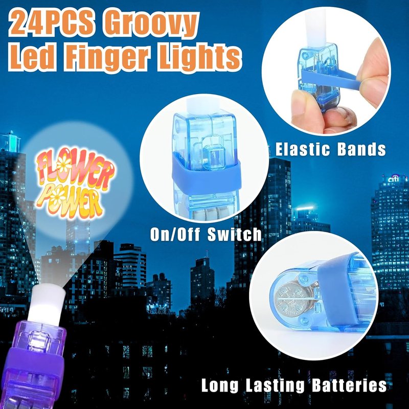 Groovy Party Favors Set - 72 PCS Tattoos & LED Finger Lights | Glow In The Dark Birthday Goodie Bag Fillers for Kids