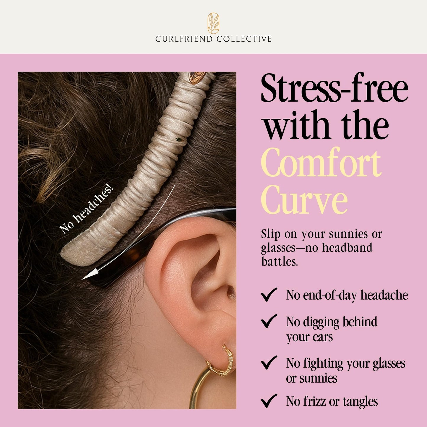 Curlfriend Collective Onyx Comfort Curve Silk Headband – Luxury 100% Mulberry Silk, No-Slip Headband for Women – Gentle, Headache-Free Fit for Curly, Coily & Textured Hair