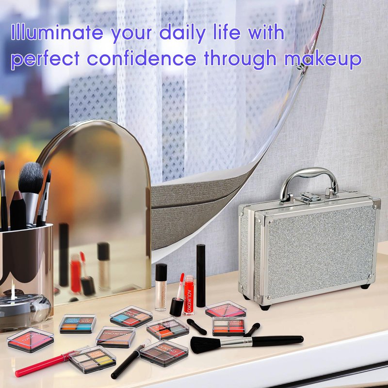 AOLIKOKO Makeup Kit for Teenager & Women Full Kit, All in One Makeup Set With The Small Cosmetic Train Case, Professional Makeup Kit, Makeup Gift Set for Women Girls (silver)