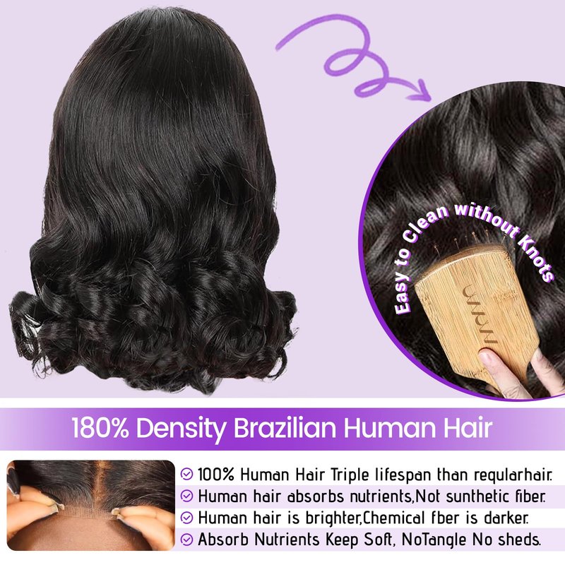 UVVUVV Bob Wig Human Hair 4x4 Frontal Lace Wig 10 Inch Body Wave 180% Density HD Lace Front Wigs Human Hair Pre Plucked Bob Wigs for Women (10 inch, Natural Black)