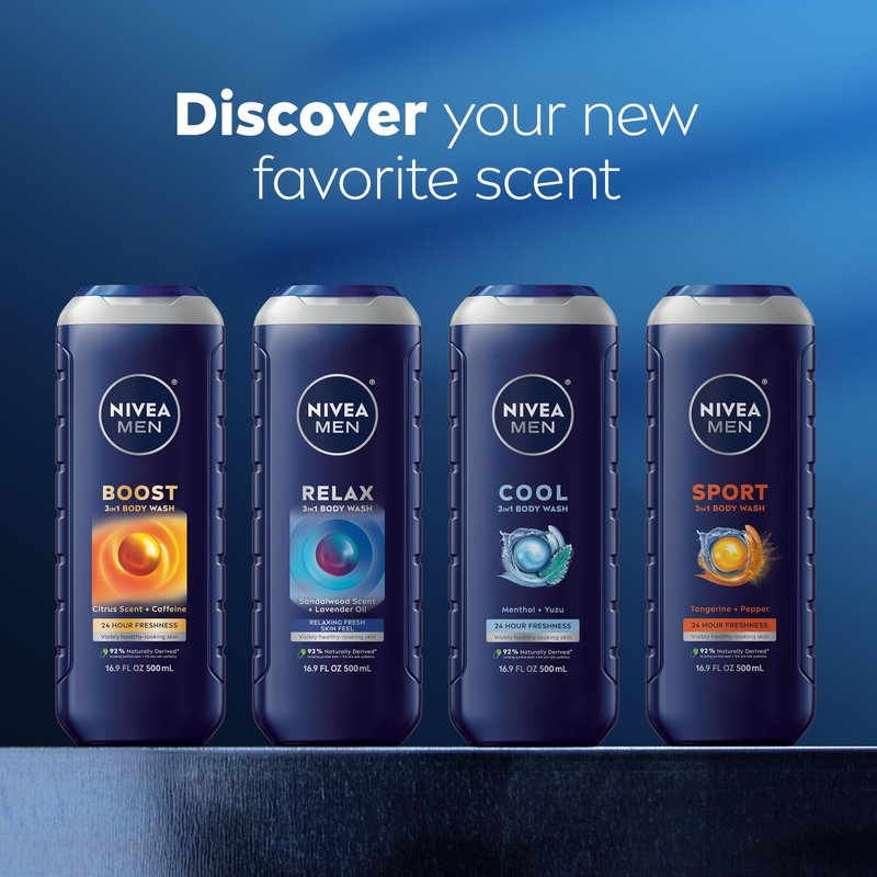 NIVEA MEN Sport Body Wash with Revitalizing Minerals, Tangerine and Pepper Scent, 3-in-1 Men's Body Wash, Face and Hair, Paraben Free, Vegan Formula, 16.9 Fl Oz Bottle, Pack of 3