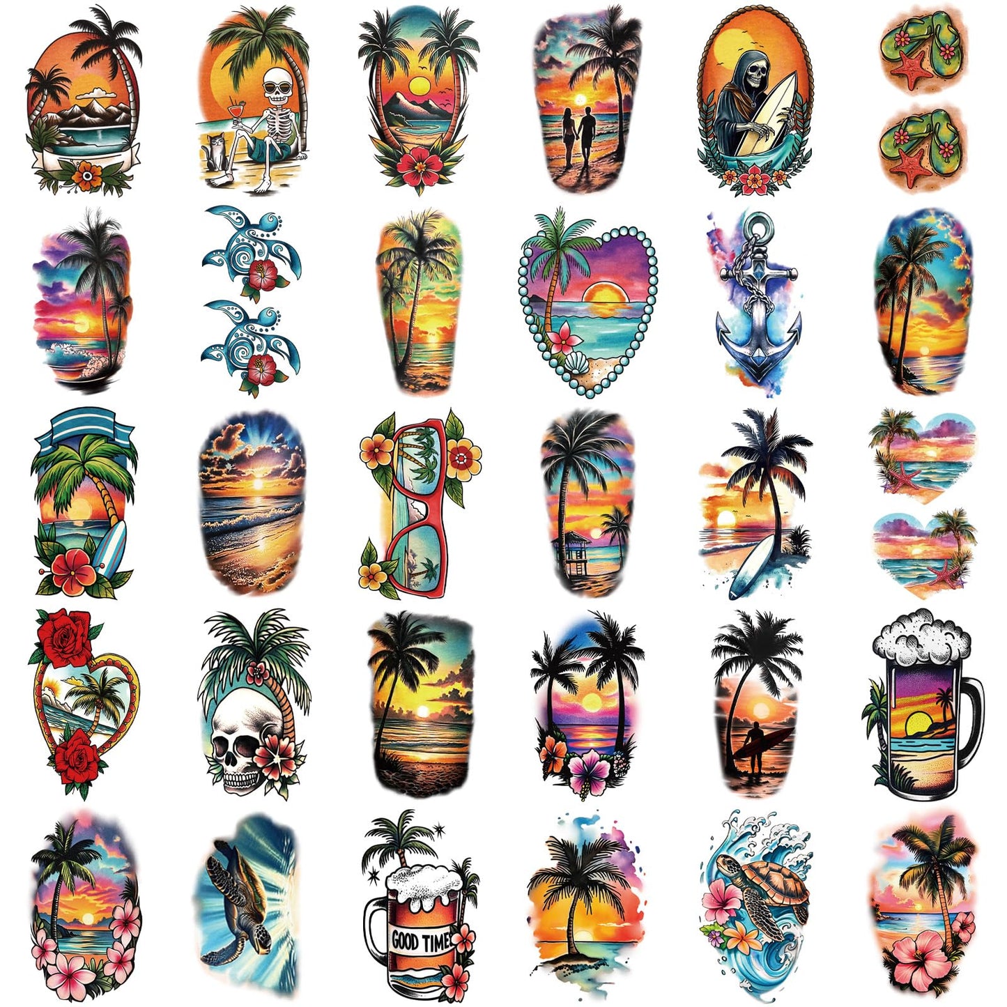 48 Sheets Full Arm Temporary Tattoos for Adults - Waterproof Tropical Summer Beach Party Fake Tattoo Stickers - Hawaiian Floral Palm Sunset Designs for Women Men