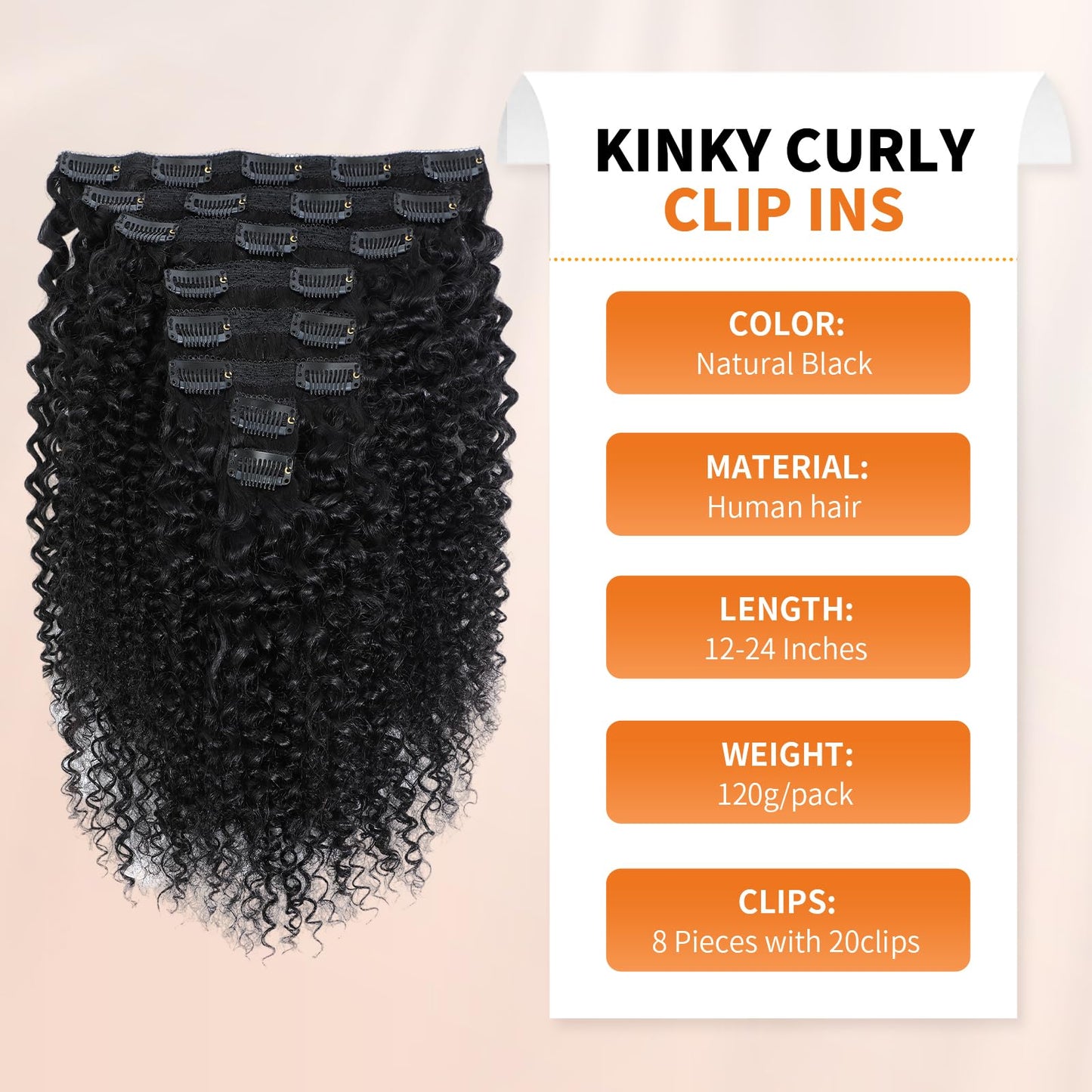 MAHKOTAKU Kinky Curly Clip ins Human Hair 3C 4A Curly Clip in Hair Extensions for Black Women 120g/set 8Pcs with 20Clips 10A Brazilian Human Hair Natural Black (14 Inch 1B)