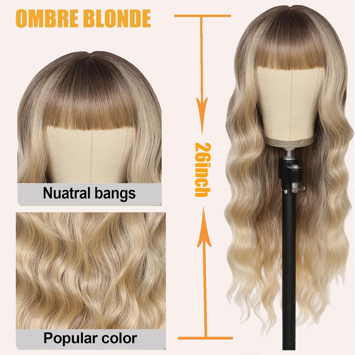 punhurt Blonde Wig with Bangs 26inch Long Synthetic Wig Wavy Curly Ombre Wigs with Dark Root Heat Resistant Fiber Wigs for White Women