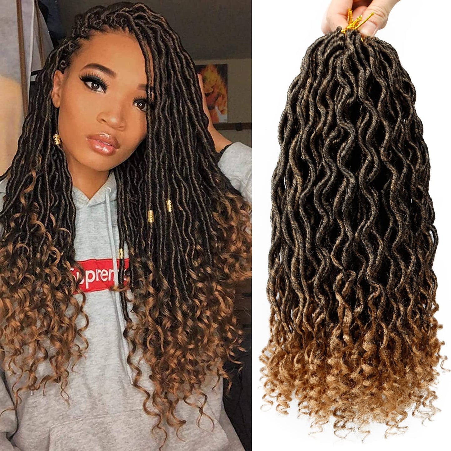 Goddess Locs Crochet Hair - 6 Packs 14 Inch Curly Faux Locs Crochet Hair For Black Women, Pre Looped Crochet Hair Wavy Faux Locs Synthetic Braids Hair Extensions(14Inch, T1B-27#)