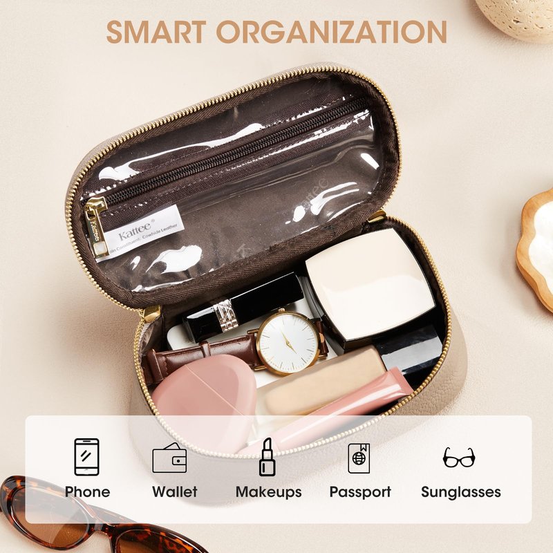 Kattee Makeup Bag for Women, Leather Cosmetic Bag, Working Makeup Bags for Ladies with Handles, Portable Travel Toiletry Bag, Brown