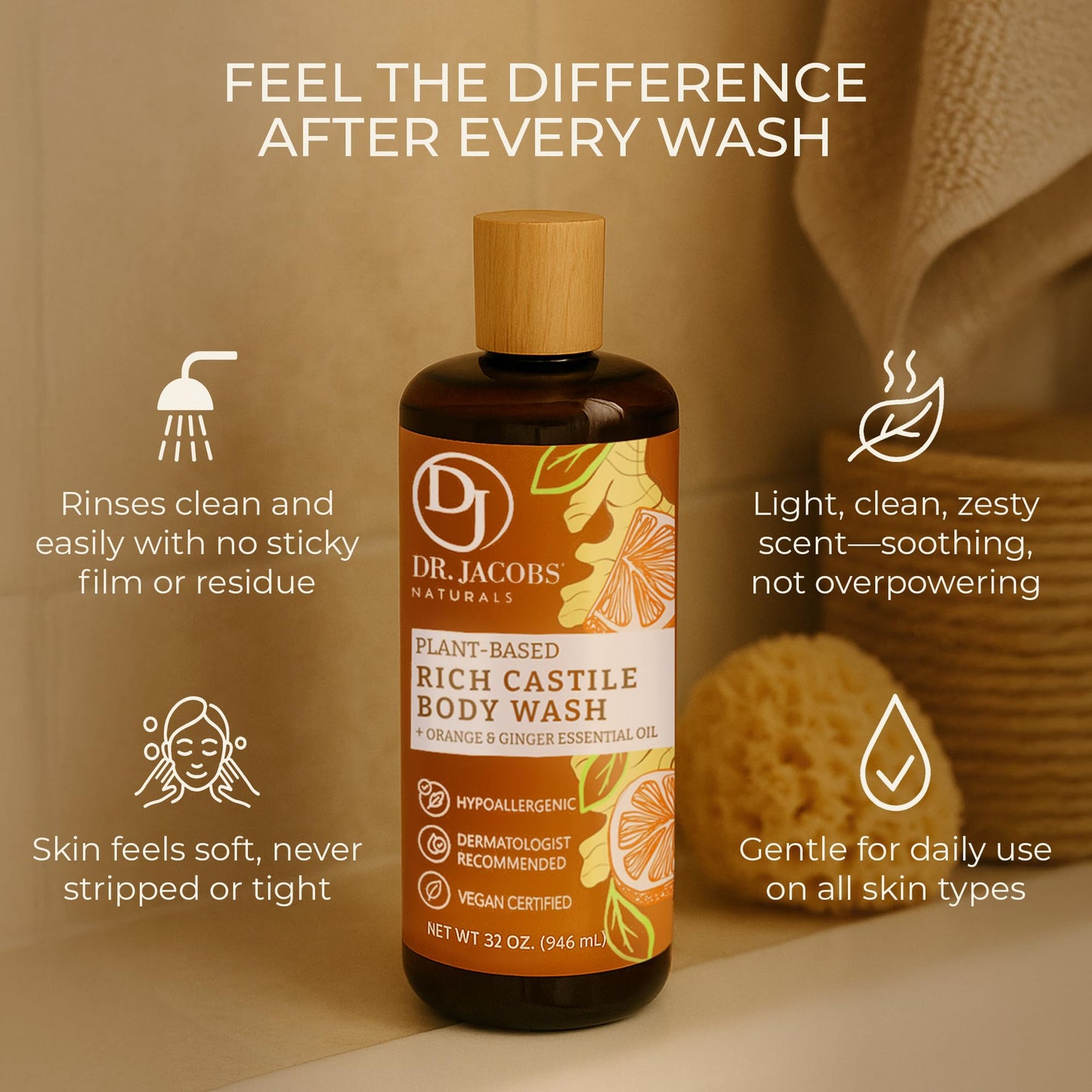 Dr. Jacobs Naturals Pure Castile Soap Liquid Body Wash, Orange & Ginger - Plant Based Soap Infused with Vitamin E & Aloe Vera to Moisturize Dry and Sensitive Skin - Made in The USA - 32 oz, Pack of 1