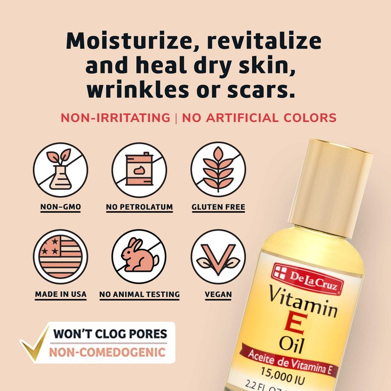 De La Cruz Vitamin E Oil, Vitamin E Oil with Safflower for Skin, Hair, Face and Body, 2.2 FL. OZ. (6 Bottles)