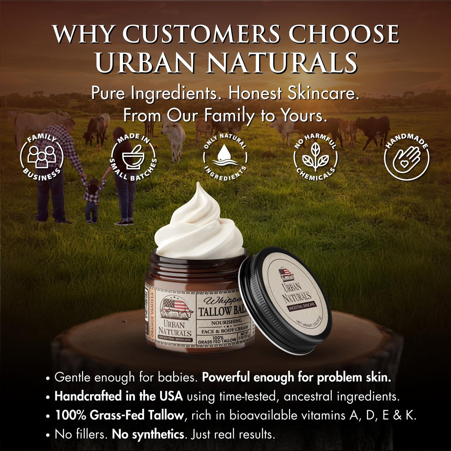 Urban Naturals Handmade Whipped Tallow Balm (Orange Vanilla) 100% Grass-fed Organic Beef Tallow Skin Cream Moisturizer for Face with Jojoba Oil, for Eczema, Baby - Made in USA