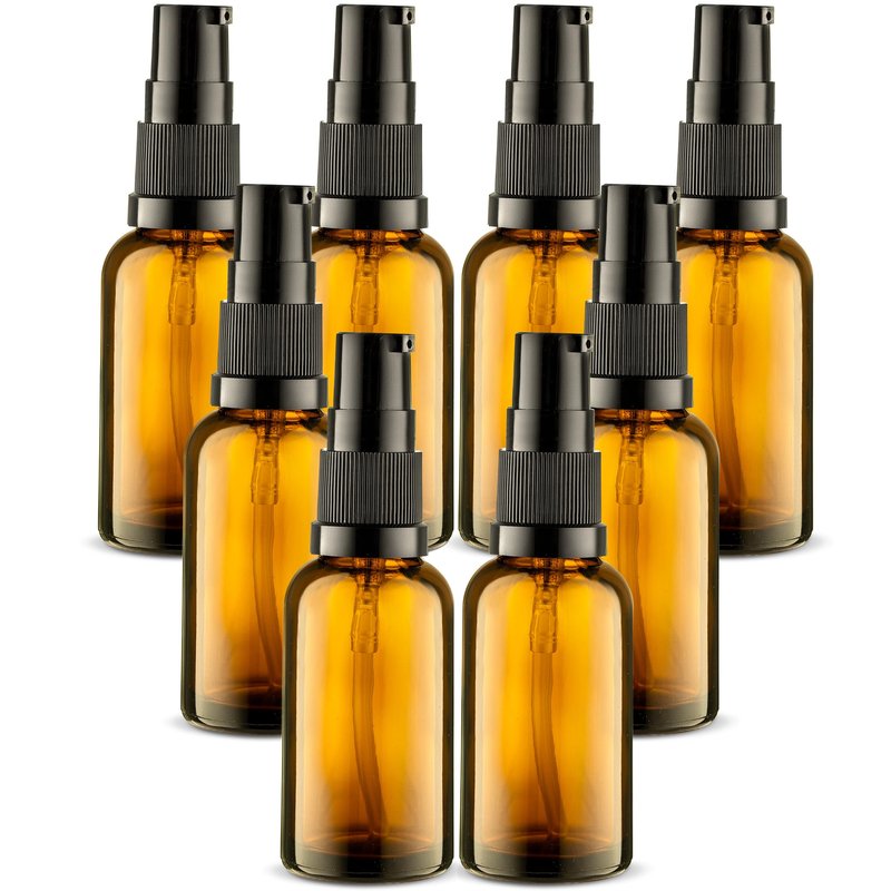 VitalUp 8 Pack Empty Refillable Glass Amber Pump Bottle Ideal for Lotion Cream Essential Oil Travel Small Container, 30ml