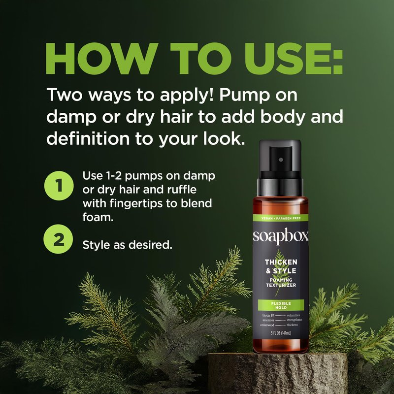 Soapbox Men's Thicken & Style Foaming Texturizer, Hair Looks Thicker, Fuller, & Volumized - Clean Ingredients Free of Harsh Chemicals, Sulfates, Parabens & Silicones - Styling Hair Products for Men