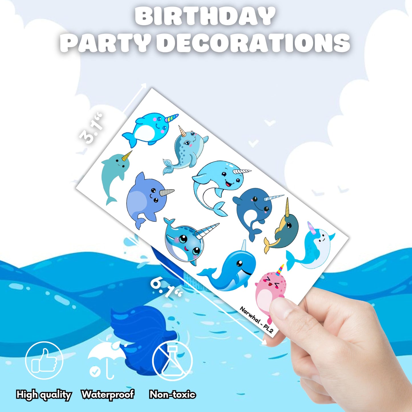 107 PCS Cute Narwhal Temporary Tattoos Themed Birthday Party Supplies Decorations Favors Decor Under The Sea Baby Tattoo Stickers Gifts For Boys Girls Class Prizes Carnival