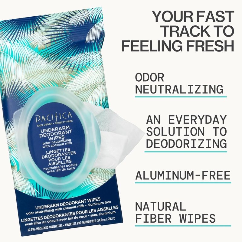 Pacifica Coconut Milk Deodorant Wipes - Aluminum-Free, Vegan, 30 Wipes (4-Pack)