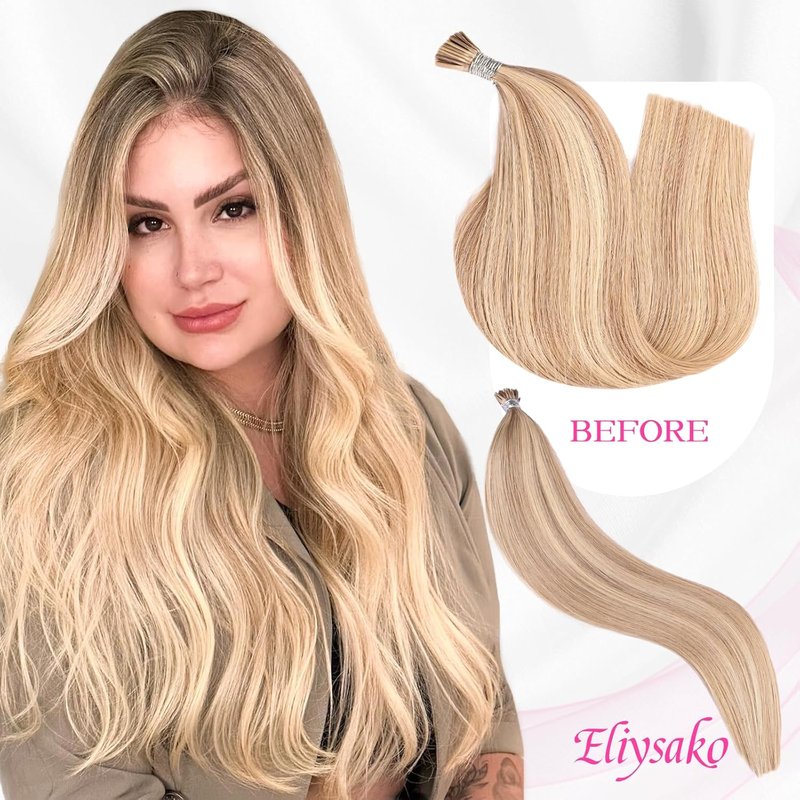 I Tip Hair Extensions - 50g Human Hair, Blonde & Dark Blonde Mix | 14-Inch Soft & Natural Cold Fusion