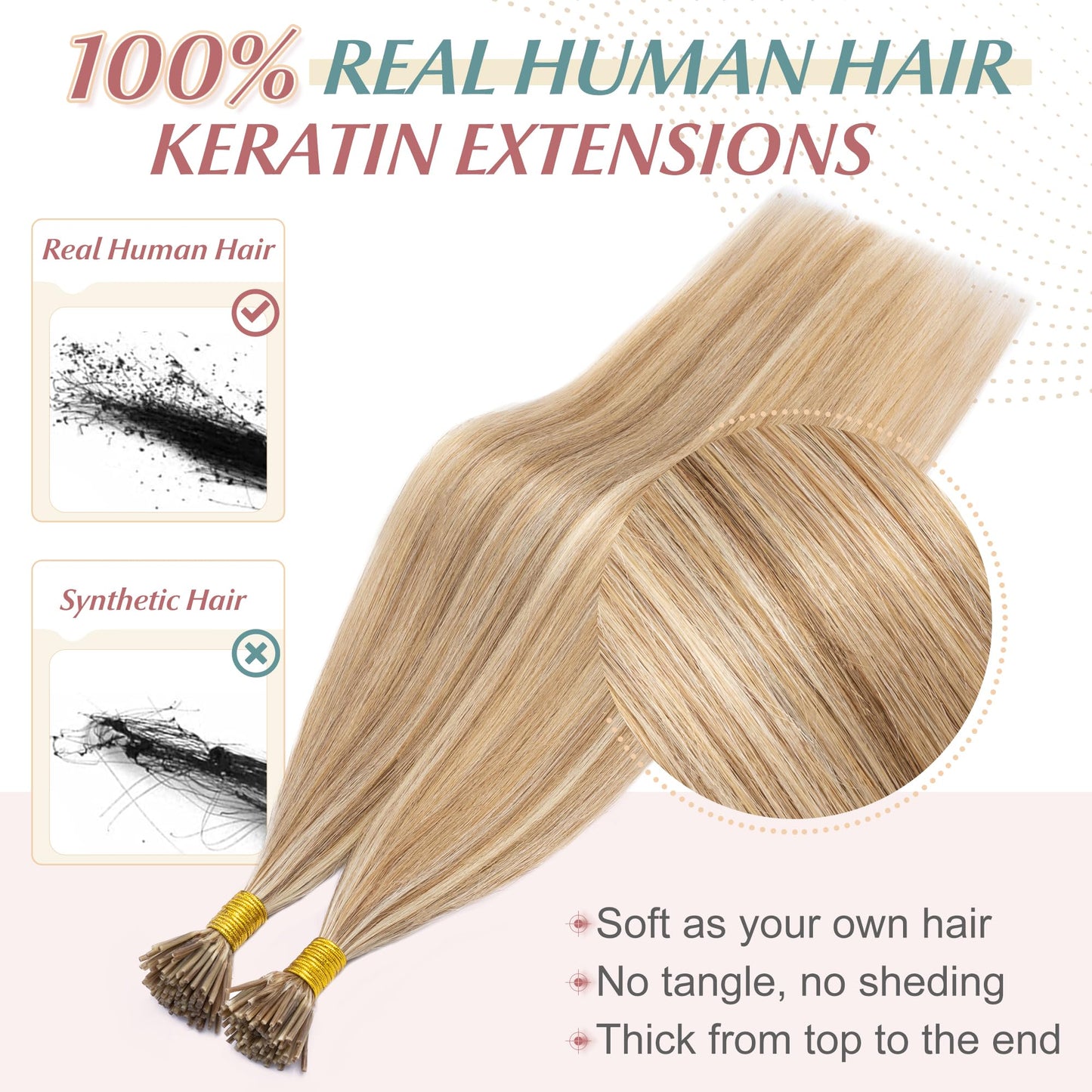 SEGO I Tip Hair Extensions Human Hair Keratin Pre Bonded MicroBeads Tip Balayage Natural Silky Straight Extensions 100 Strands 50g/Pack -16 Inch Golden Brown&Bleach Blonde