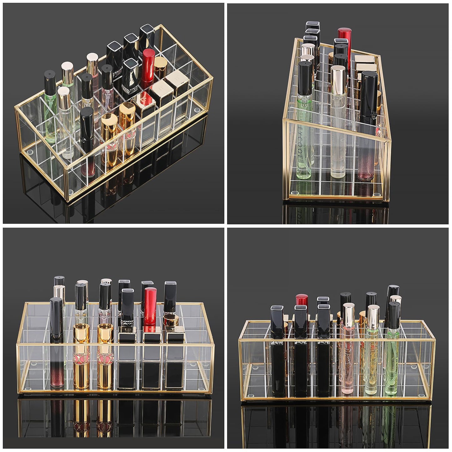 ELLDOO Rollerball Perfume Organizer, 24 Acrylic Spaces Glod Glass Perfume Storage Holder Beauty Scent Holder, Makeup Lipgloss Lipstick Display Case