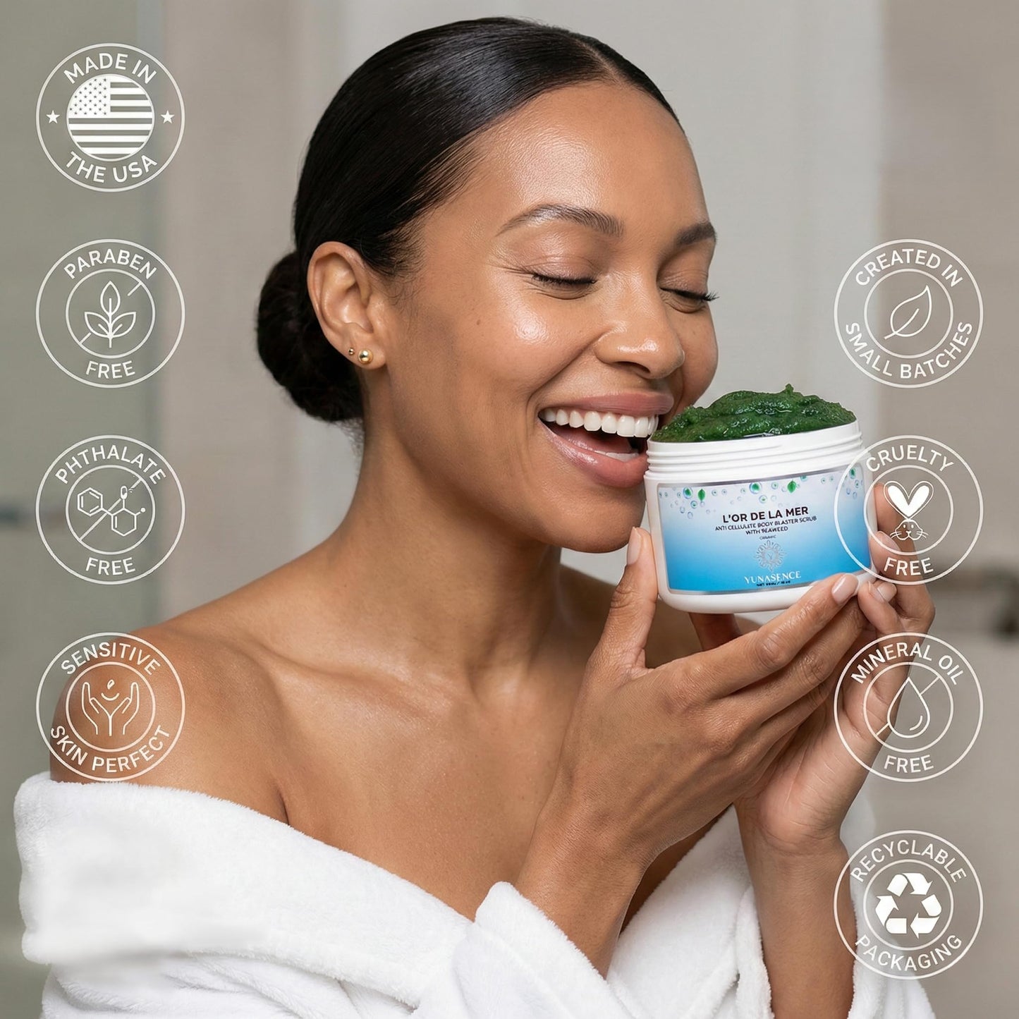 YUNASENCE L'OR DE LA MER Organic Anti Cellulite Body Blaster Scrub with Sea Salt, Seaweed, Lemongrass 13oz Smoothing Exfoliating Moisturizing Skin Massage Treatment.