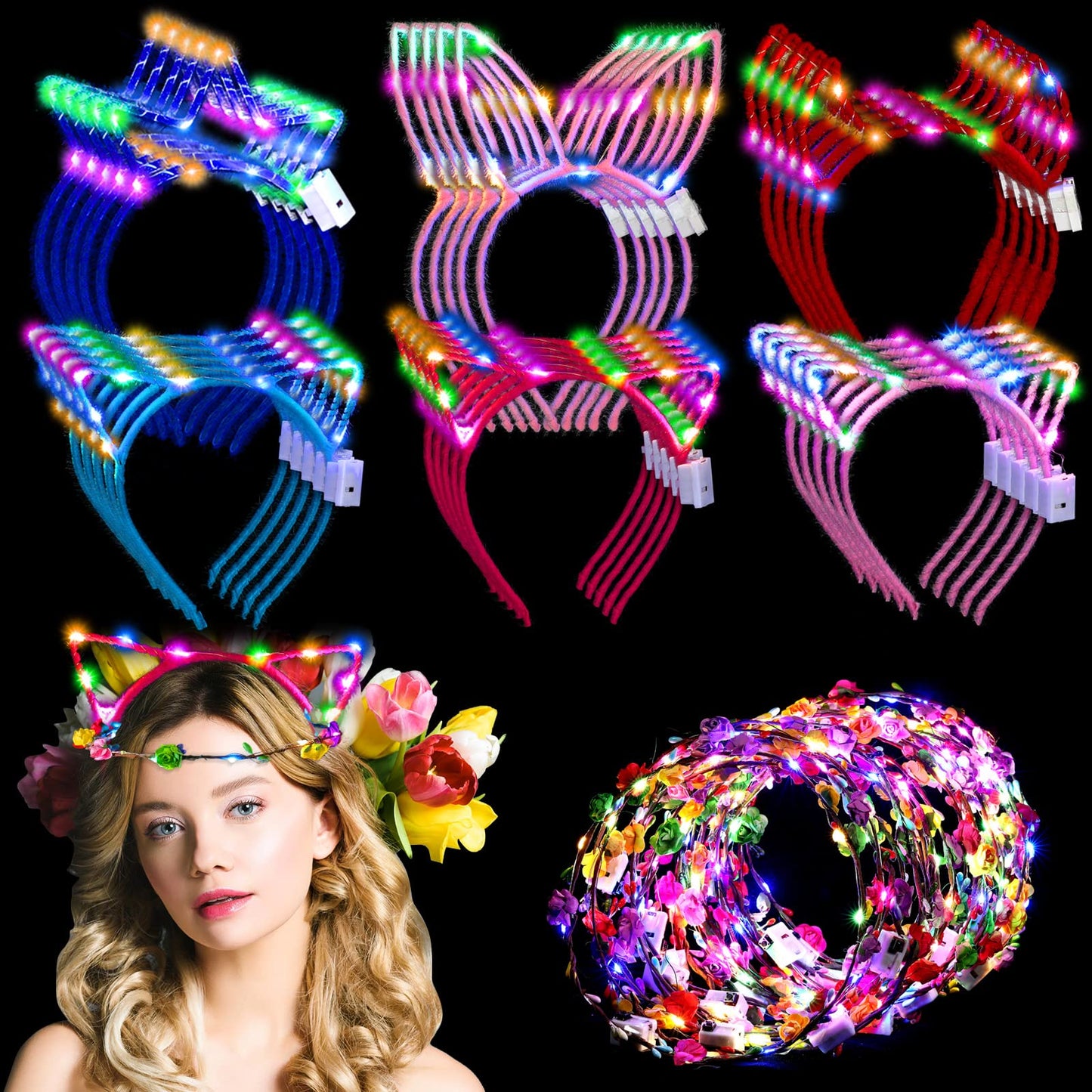 Xinnun 50 Pcs LED Cat Ear Headbands Bulk Light Up Flower Glow Crown Rabbit Ear Neon Hair Accessories for Glow in the Dark Rave Party (Cat)