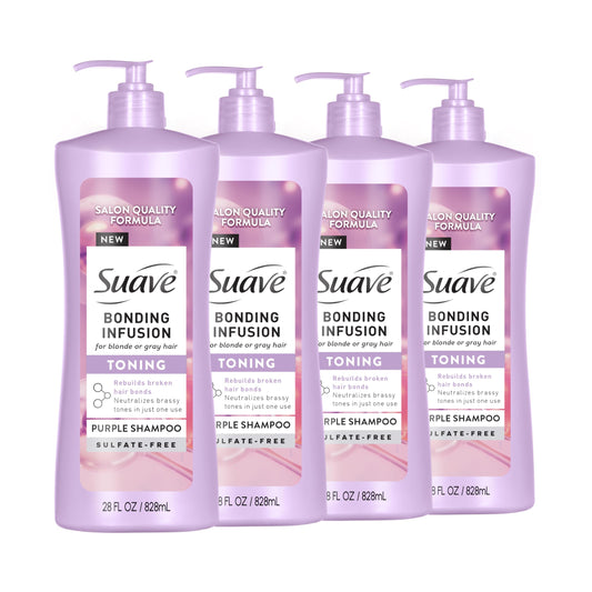 Suave Bonding Infusion Purple Toning Shampoo, for Neutralizing Brassy Tones in Blonde or Gray Hair & Repairing Broken Hair Bonds, 28oz Pump, 4 Pack