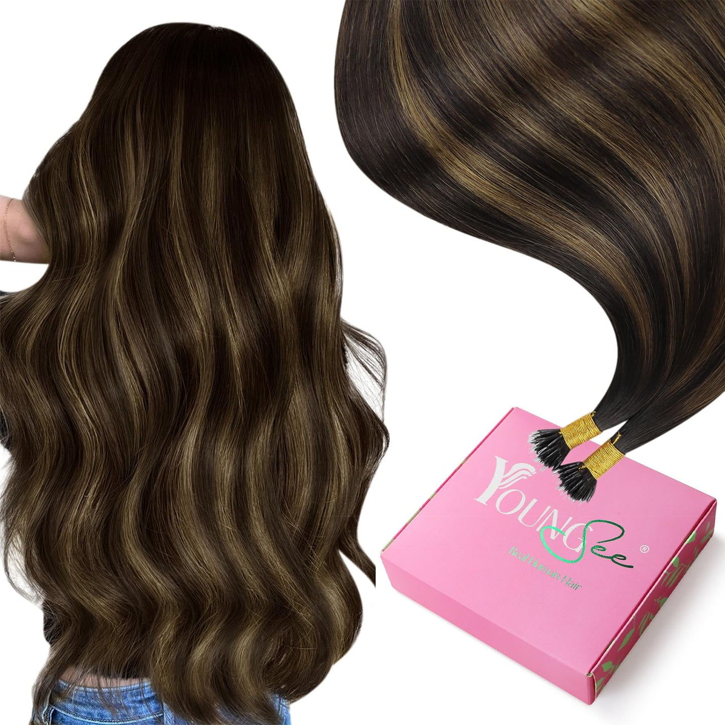 YoungSee Nano Tip Hair Extensions Real Human Hair Balayage Brown 22in Nano Ring Hair Extensions Human Hair Balayage Dark Brown Mix Medium Brown 50g 50 Strands Nano-Beads Extension for Natural Looking