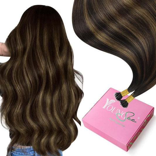 YoungSee Nano Tip Hair Extensions Real Human Hair Balayage Brown 22in Nano Ring Hair Extensions Human Hair Balayage Dark Brown Mix Medium Brown 50g 50 Strands Nano-Beads Extension for Natural Looking