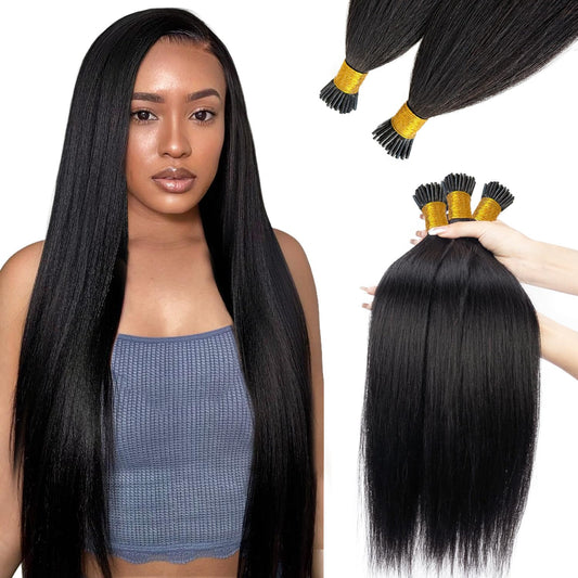 I Tip Hair Extensions Yaki Straight Itips Hair Extensions Human Hair Natural Black 18 Inch 50G Light Yaki Real Human Hair Keratin Tip Extension Bundles for Black Women 50 Strands Per Pack