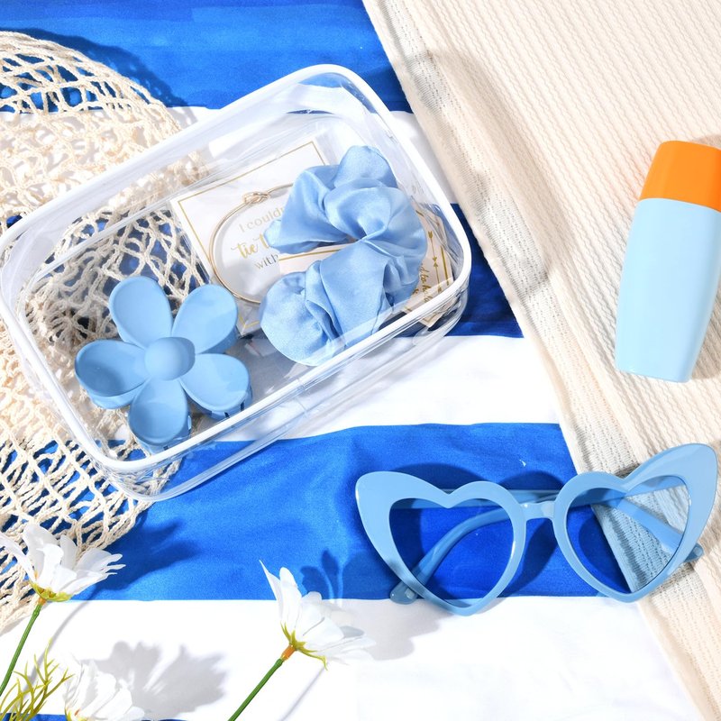 DEEKA 30 Pcs Bridesmaid Proposal Bag Set Gift Clear Makeup Toiletry Bag Bachelorette Party Favors Sunglasses Flower Claw Clips Scrunchies Knot Bracelets Bridal Wedding Party Gifts (Blue)