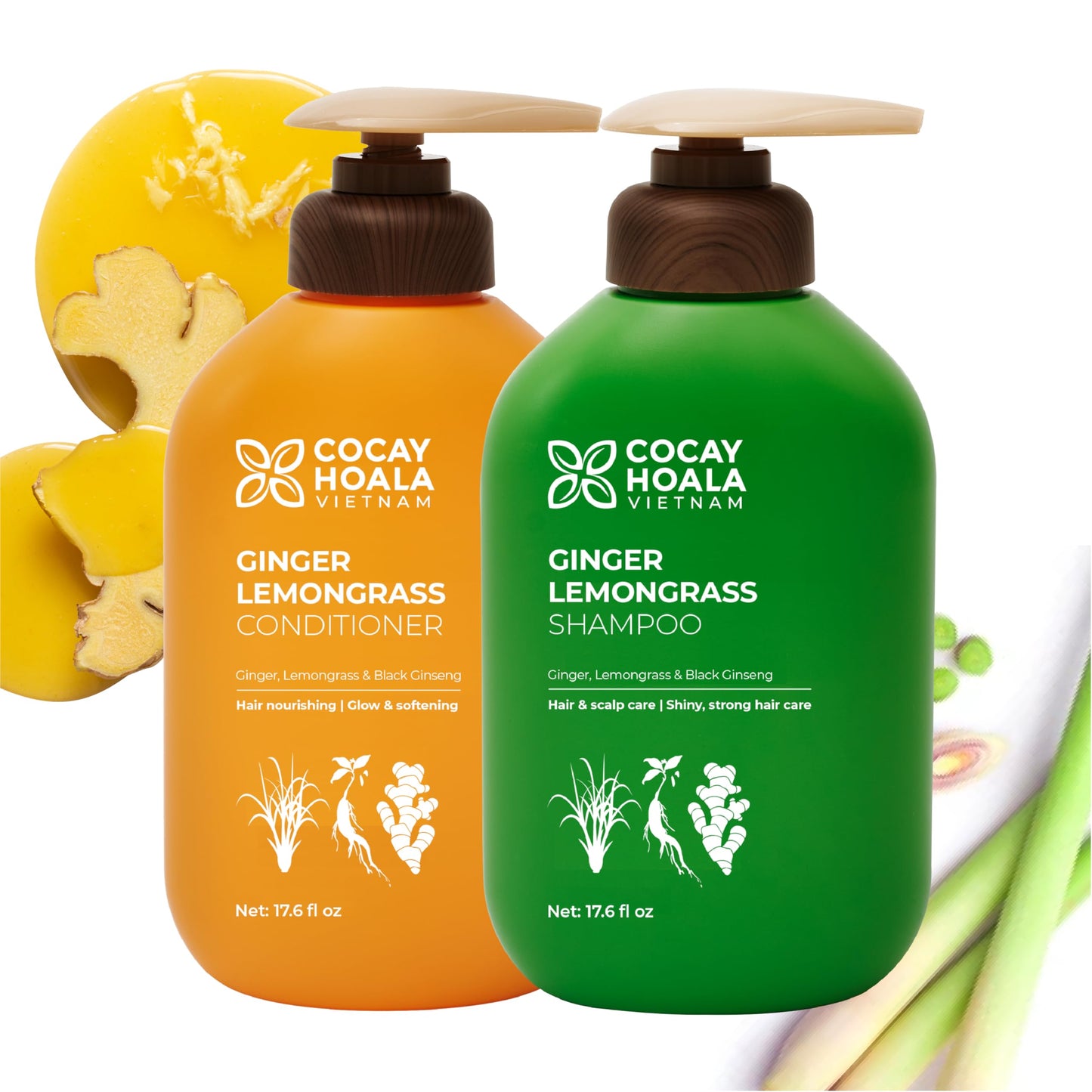 VIETNAM Lemongrass and Ginger Shampoo and Conditioner Set for Thinning Hair, Hair Strengthening & Reduced Breakage, Paraben Free, Gift set for women (17.64 oz, 2 Pack)