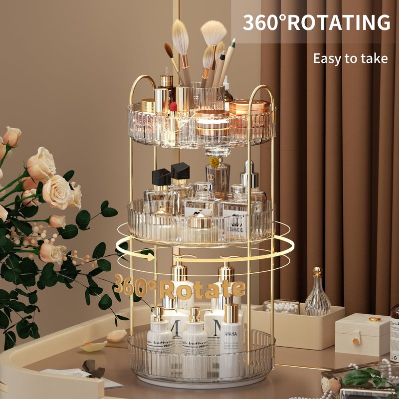 YCIA&DONE Rotating Makeup Organizer for Vanity, Large Capacity Make Up Storage Skin care Shelf Perfume Holders Cosmetic Dresser Organizer Countertop Spinning 360 (White Clear, 3Tiers)