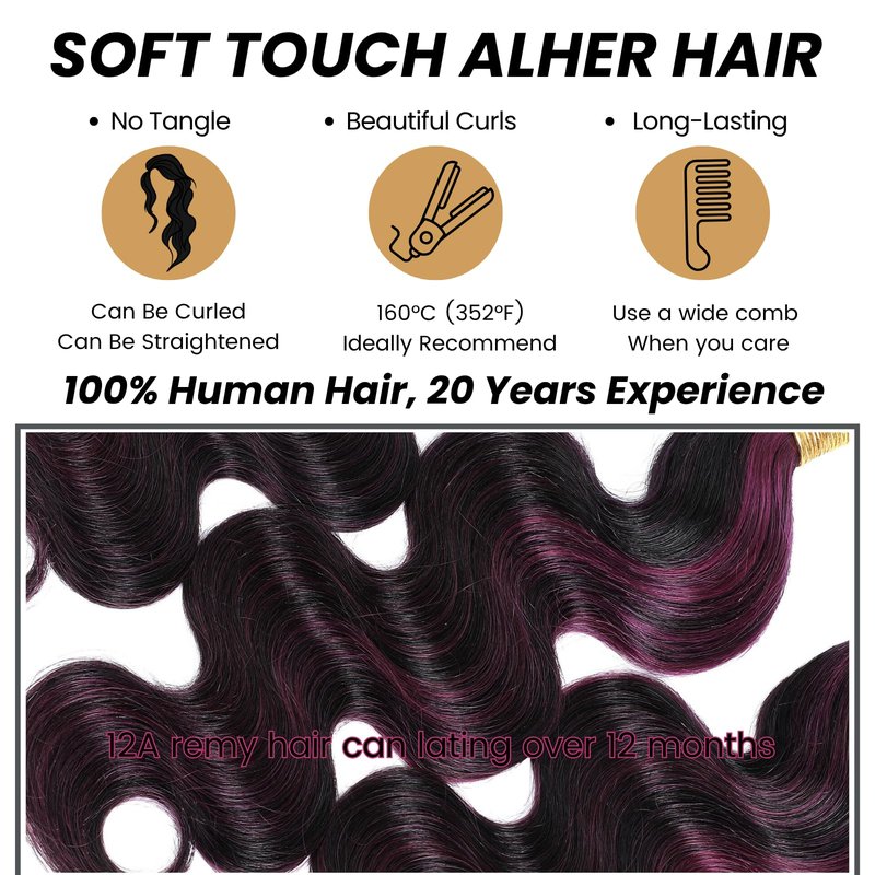 ALHER Black Mix Purple Highlight Bundle Human Hair Body Wave, 12A Soft Thick Single Bundle Wavy Human Hair, 100% Remy Hair Midnight Purple Dark Burgundy Highlight Two Tone Color (#1B/Purple, 16 Inch)