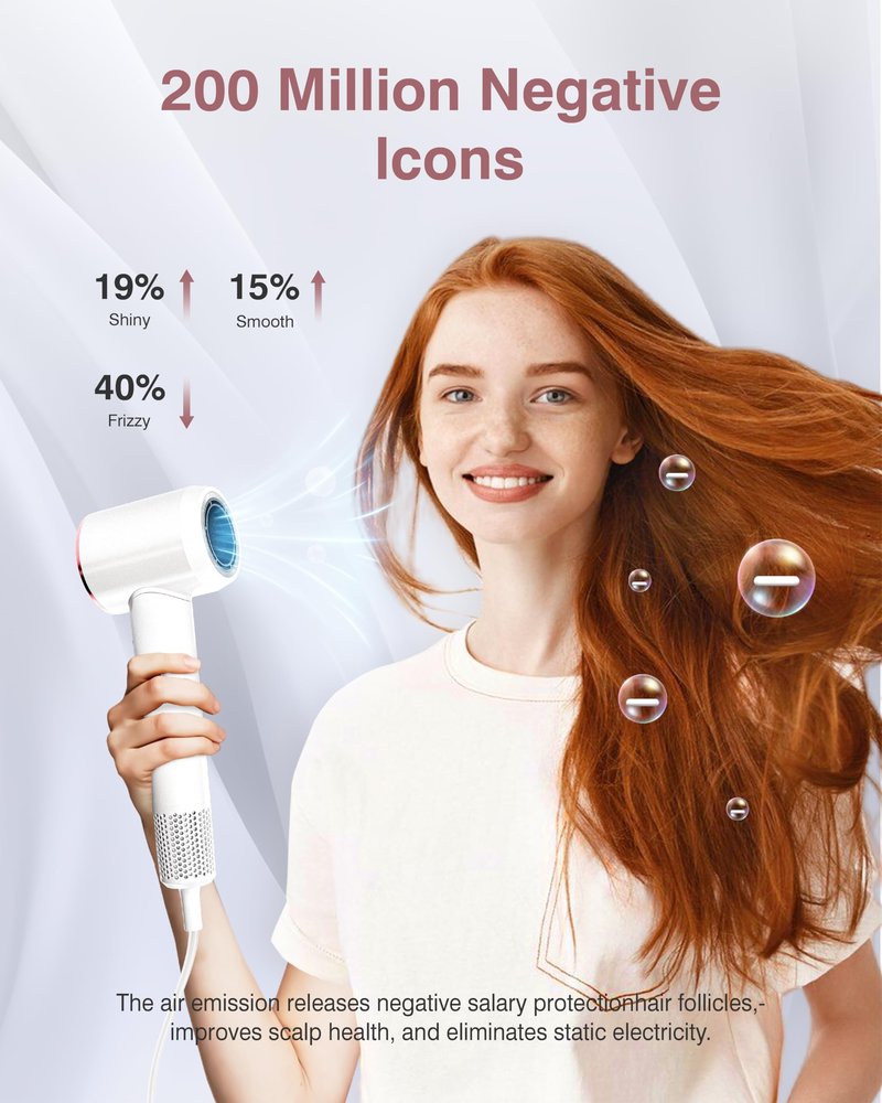 Hair Dryer, 160000 RPM Professional High Speed Ionic Blow Dryer 200 Million Negative Ions & Heat-Control & Low Noise Hairdryer with Magnetic Diffuser for Faster Drying All Hair Types, No Heat Damage