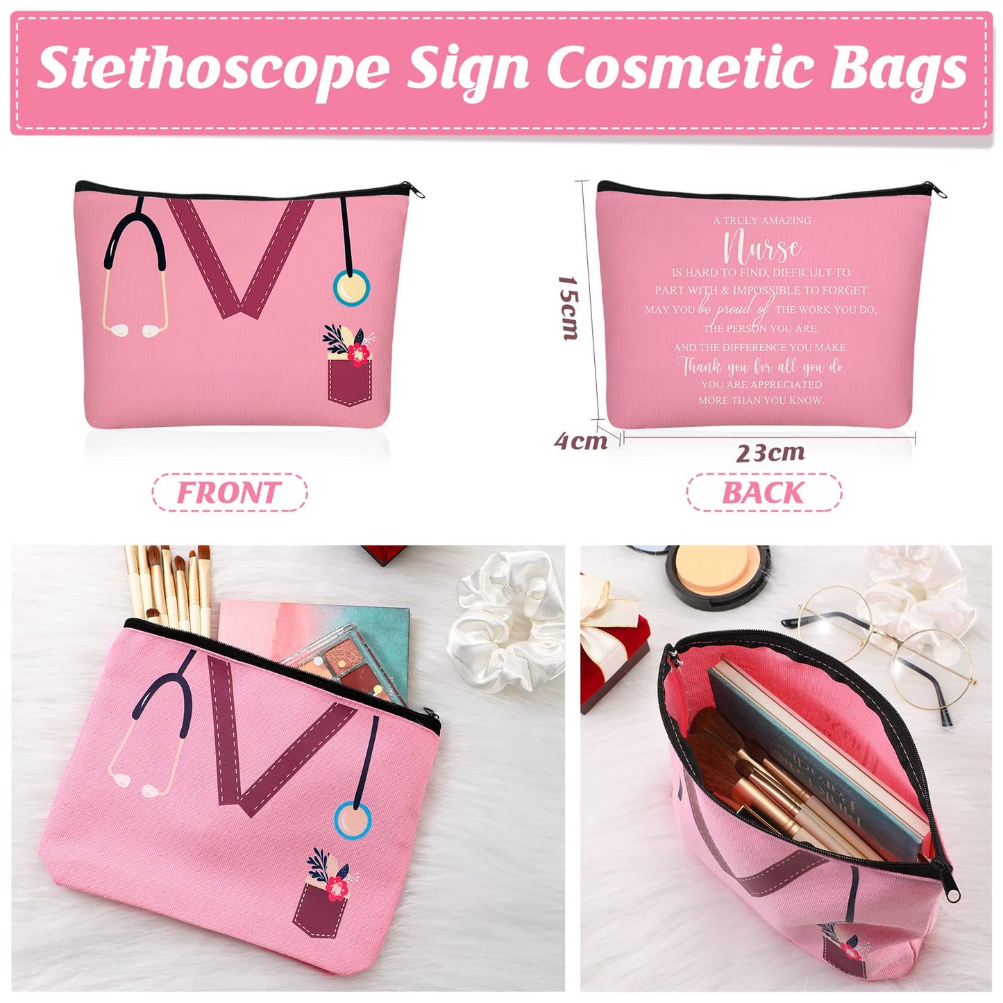 Sabary 20 Pcs Nurse Makeup Canvas Bags Bulk Nurse Appreciation Gifts Nursing Thank You Cosmetic Bag with Zipper Travel Work Accessories Pouch for Nurses Week Party Favors