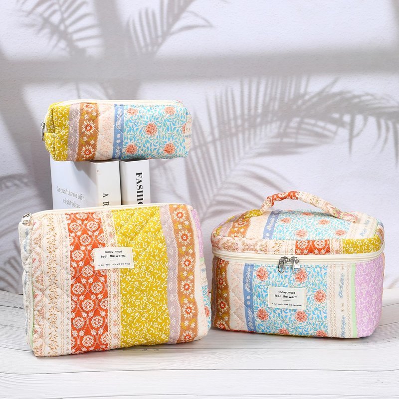 Dvehdbay 3Pcs Quilted Makeup Bag - Cotton Large Floral Makeup Bag, Travel Cosmetic Bag Cute Flower Aesthetic Floral Toiletry Organizer Bag Set for Women (08Yellow-Red)