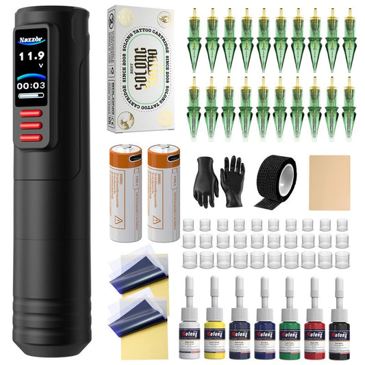 Tattoo Kits Tattoo Machine with Two 1600mAh Batteries,20PCS Cartridge and Practice Skin, 7 Bottle Color Ink,Tattoo Pen Complete Tattoo Accessories for Beginners (NA-TK8501-1）
