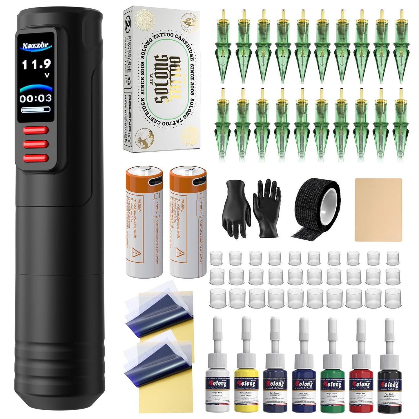 Tattoo Gun,Tattoo Kits Tattoo Machine with Two 1600mAh Batteries,Power Supply 20PCS Needle Cartridges, Practice Skin,Transfer Paper, 7 color Ink, Complete Tattoo Kit for Professional tattoo artist
