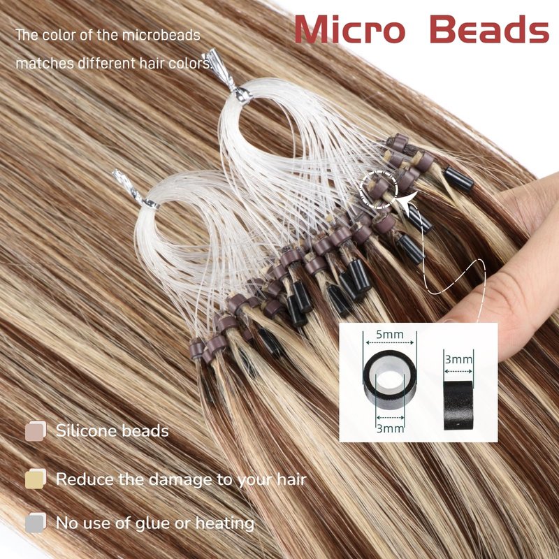 Micro Bead Hair Extensions Human Hair 1g/Strand Micro Link Hair 50g Loop Ring 14 Inch, 4/613 Medium Brown Mix With Blond Bead Hair Extensions