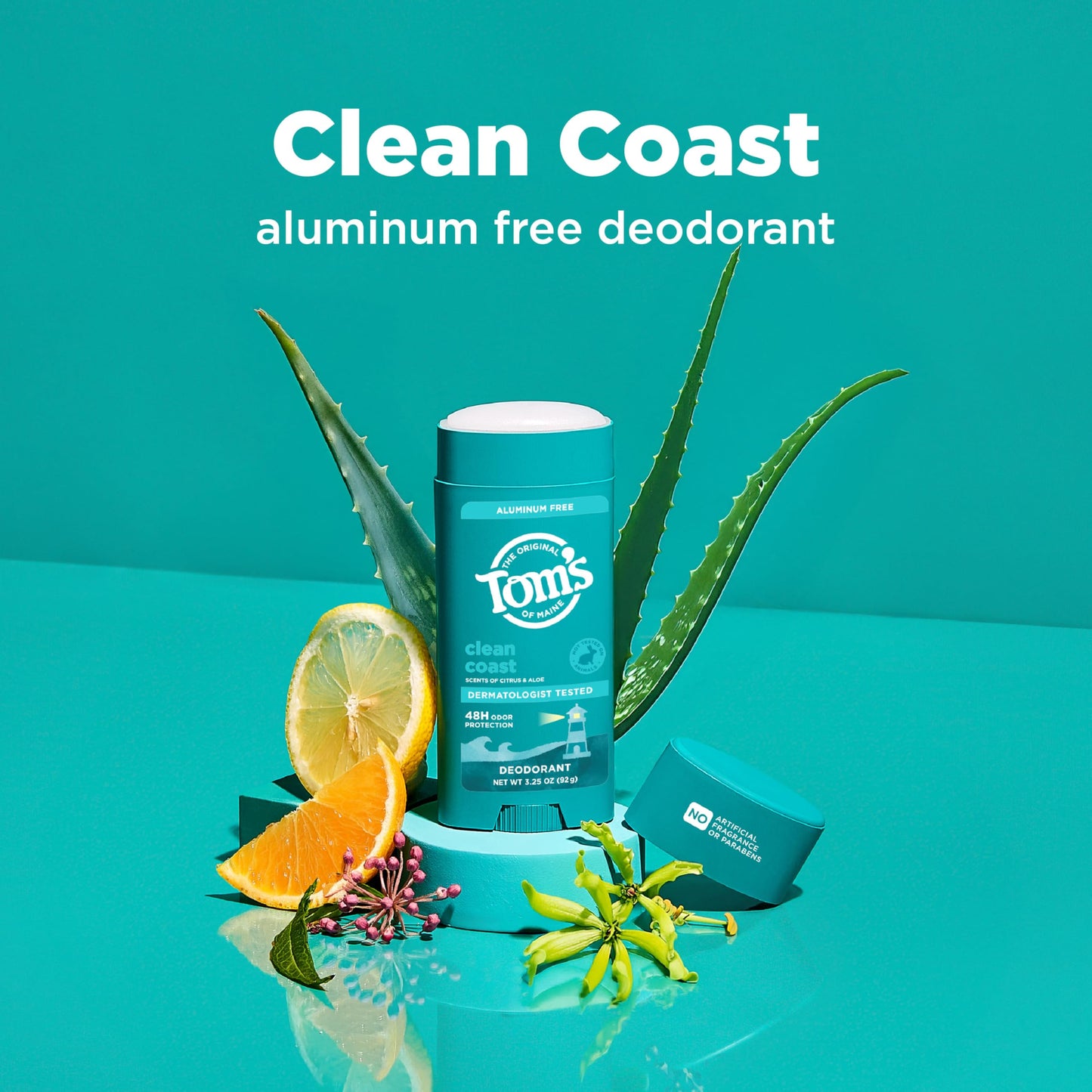 Tom’s of Maine Clean Coast Natural Deodorant for Men and Women, Aluminum Free, No Artificial Fragrances, Dyes, or Preservatives, Baking Soda Free, 48-Hour Odor Protection