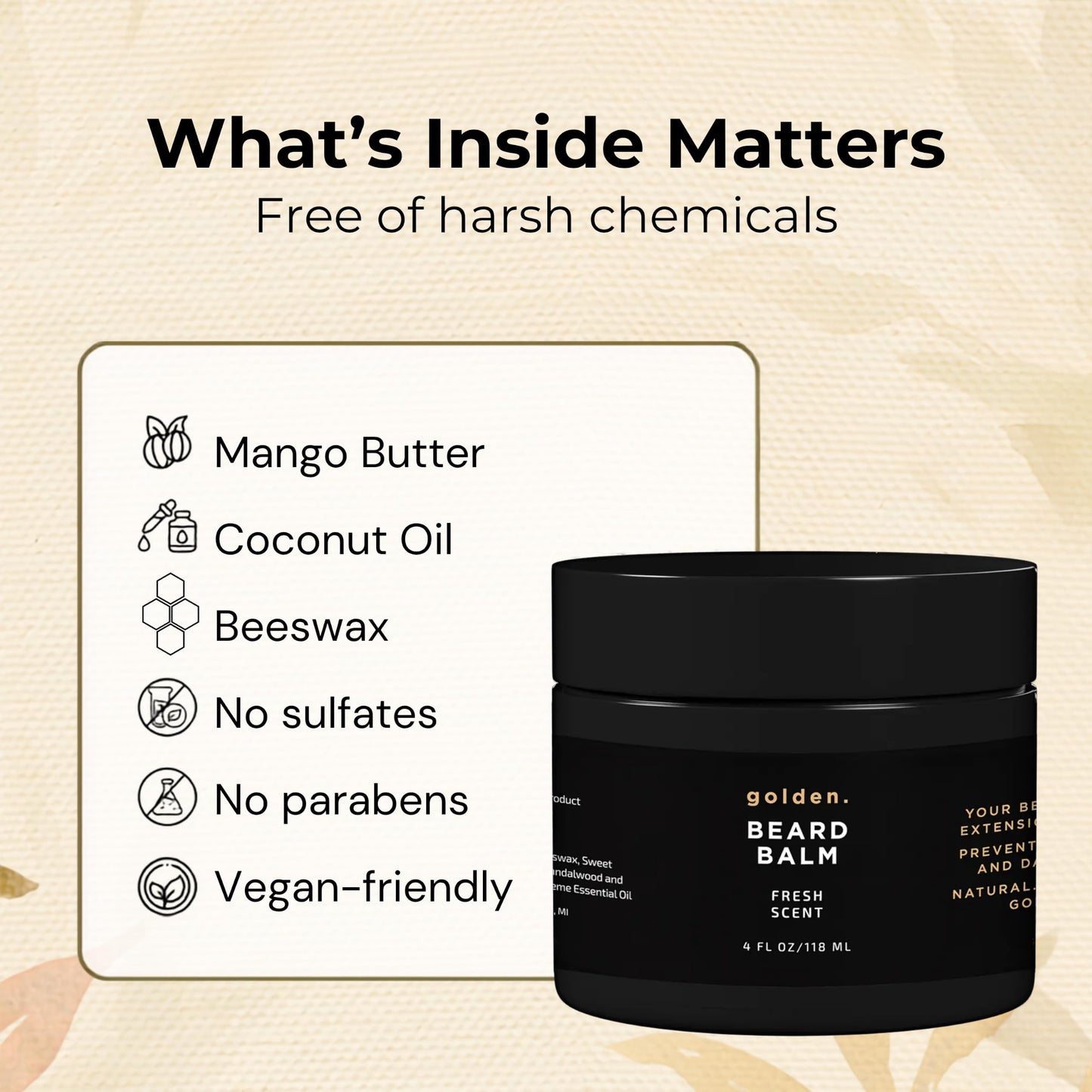 Golden Grooming Beard Balm - Tames Flyaways & Promotes Thicker Growth - Natural Styling Wax with Shea & Mango Butter - Relieves Beard Itch & Dandruff - Signature Fresh Scent, 4oz