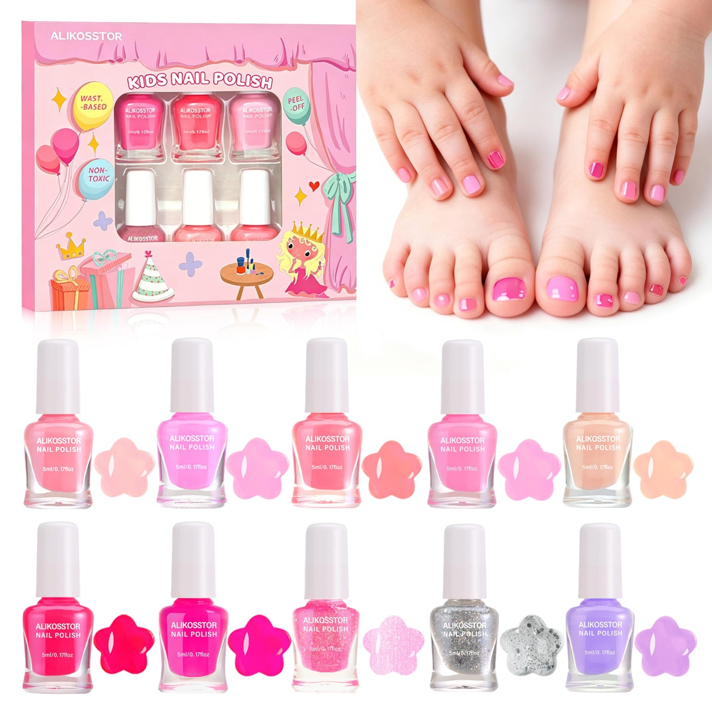 ALIKOSSTOR Kids Nail Polish Set, 10 Colors Non Toxic Water Based Peel Off Nail Polish, Quick Dry Toddler Nail Polish Kit, Safe Kids Manicure Set Birthday Gift for Girls